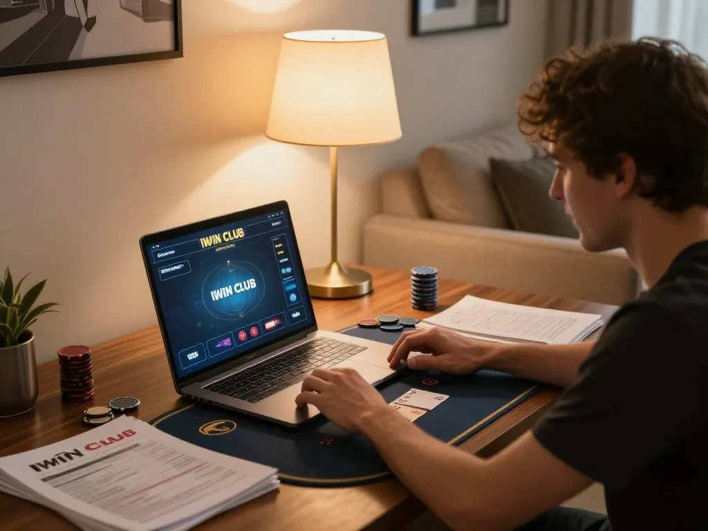 IWIN CLUB user engaging in poker strategy at home with laptop and notes.