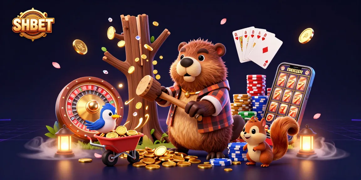 Experience excitement at SHBET with a cartoon beaver and friends celebrating wins in a dynamic casino setting.