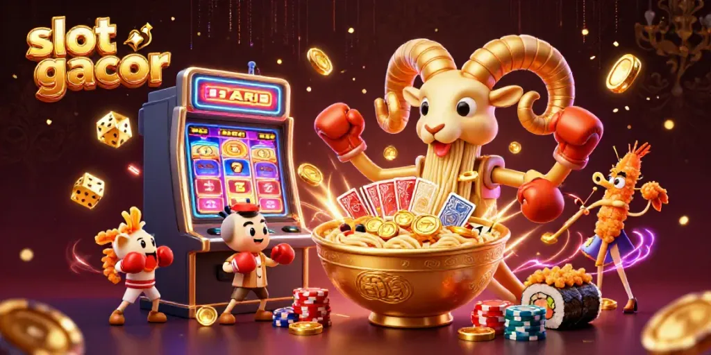 Experience the excitement of slot gacor with a dazzling casino scene featuring a giant ramen bowl and vibrant game elements.