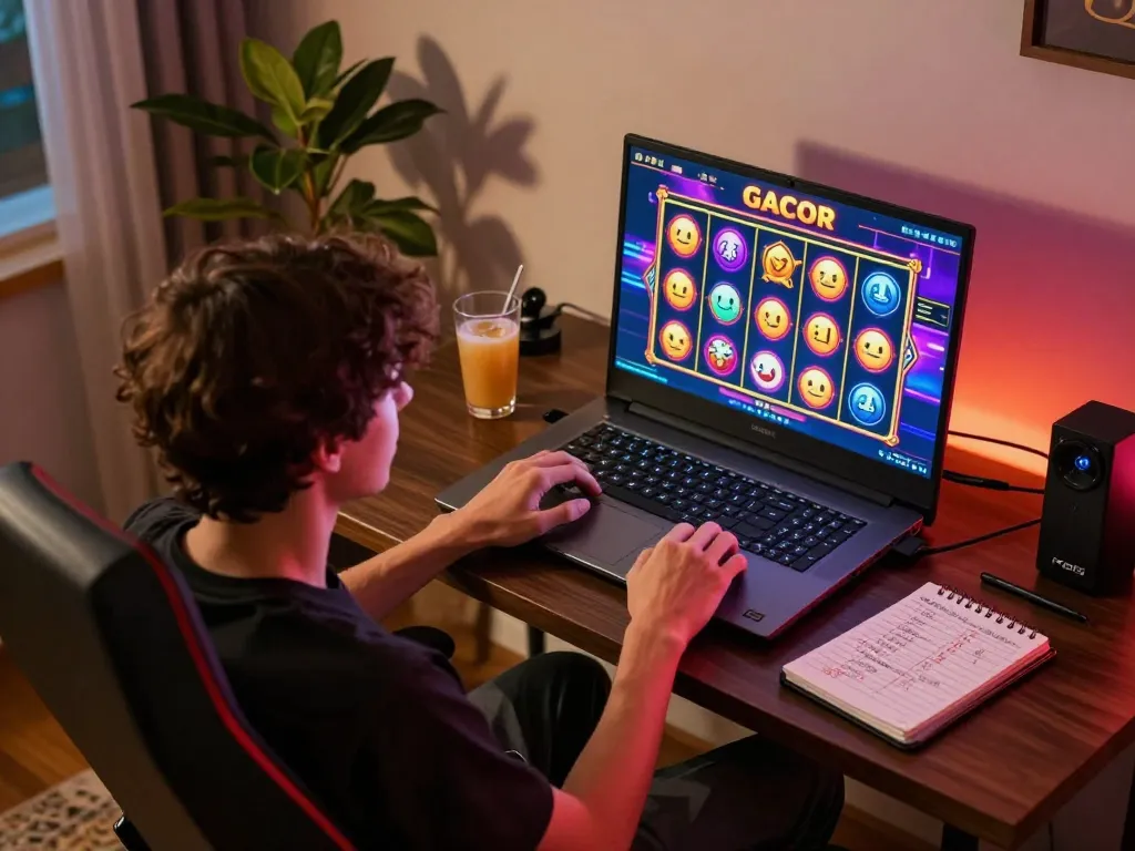 Engaging in a slot gacor game on a laptop, showcasing a vibrant online gambling atmosphere.