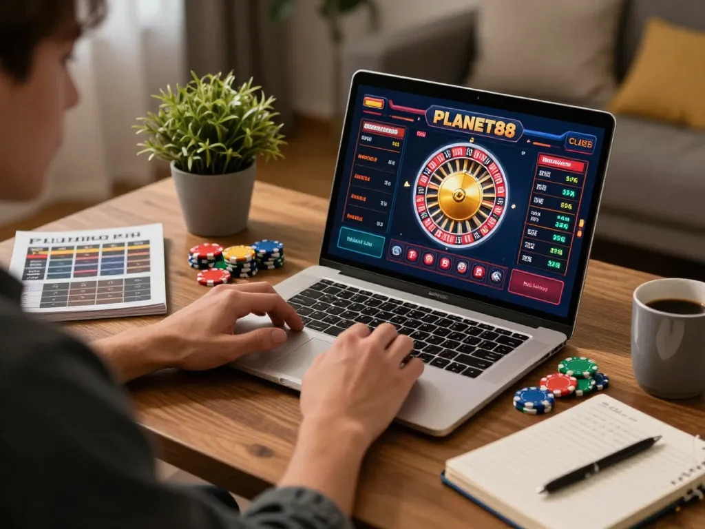 Engage with thrilling gameplay on PLANET88 roulette at home using a laptop with strategic notes.