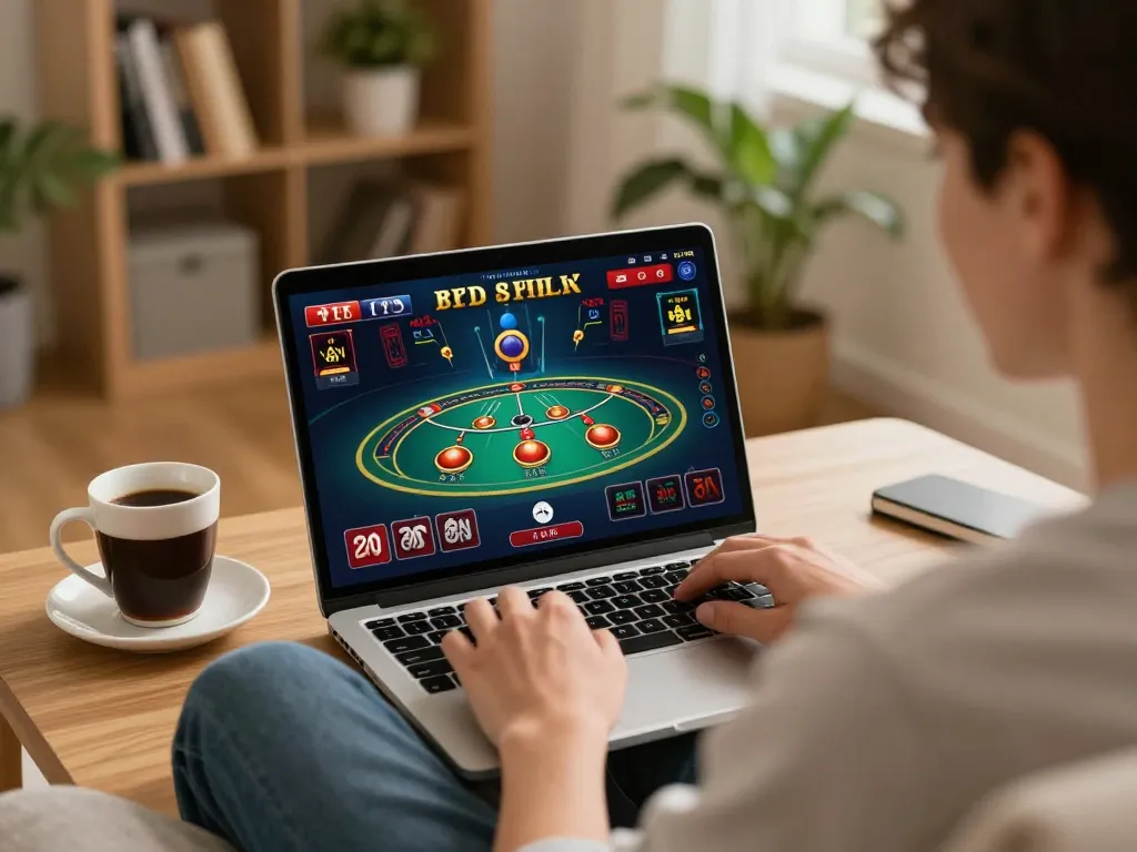 Player enjoying online casino games at home with CM88 interface visible on laptop, emphasizing responsible gaming.