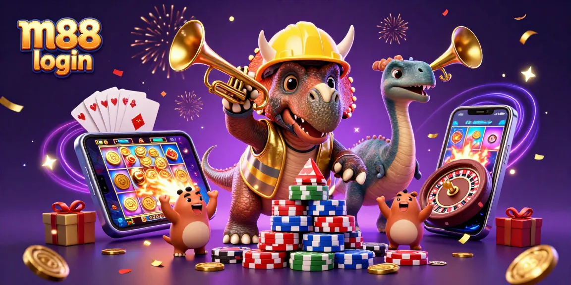 Win big with m88 login as the triceratops builds a poker chip pyramid amid celebratory elements.