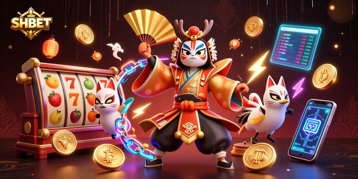 Experience the thrill of SHBET's vibrant casino world with interactive slot reels and crypto elements.