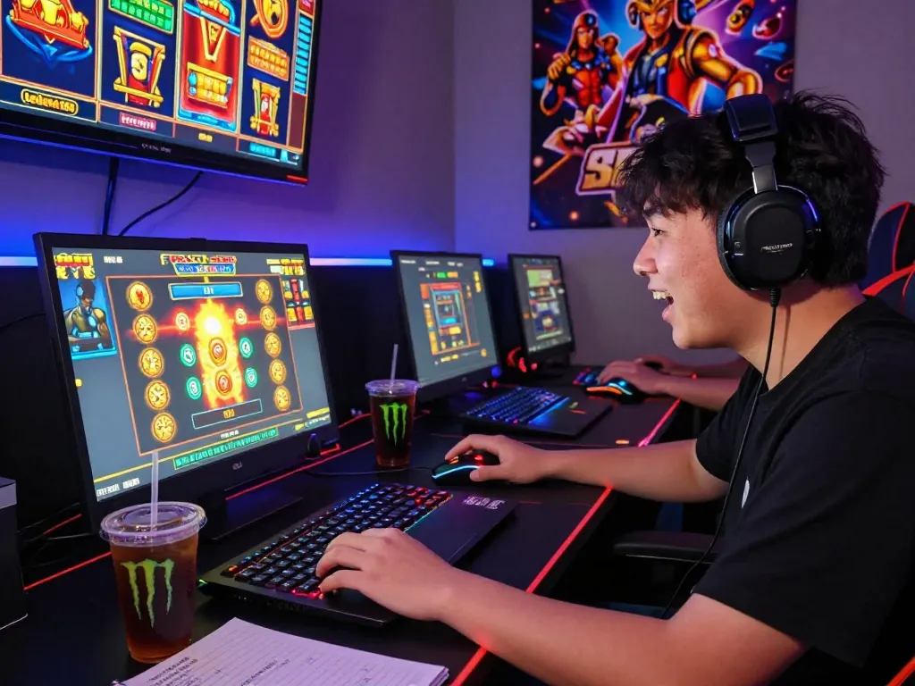 Pemain menikmati laoban188 slot gacor terpercaya di pengaturan permainan yang hidup dengan lampu warna-warni dan visual slot yang menarik.