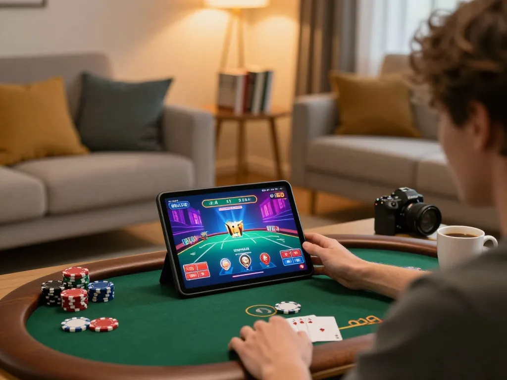 Engaging in a poker game on 68win via a tablet at home, showcasing a relaxed gaming atmosphere.