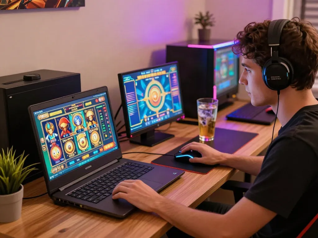 Pengalaman judi pragmatic online dengan pemain terfokus di laptop dan suasana gaming yang nyaman.