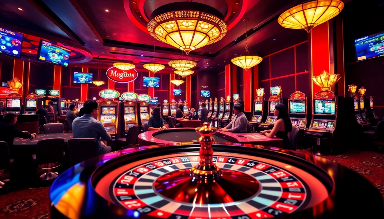 Exciting casino atmosphere at RR88 mov with roulette and poker tables showcasing luxury and entertainment.
