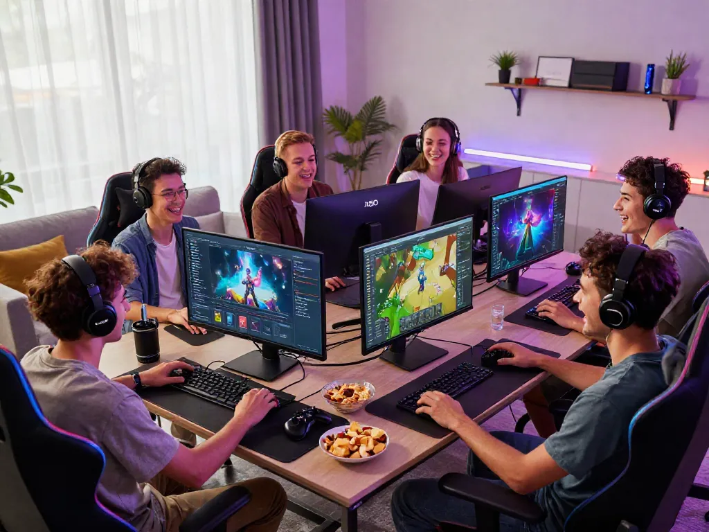 Group of friends enjoying gaming on A80 platform with vibrant graphics.