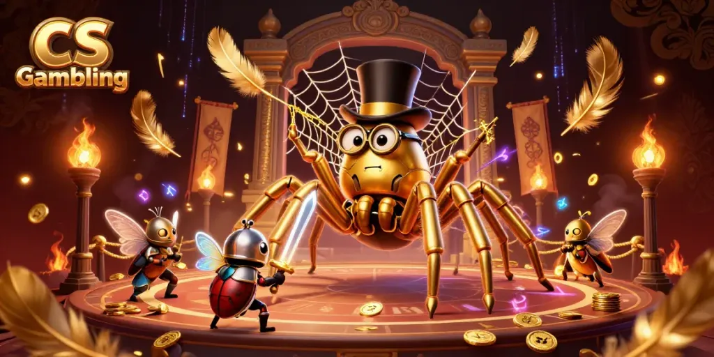 Engage in CS Gambling with a brave knight and a whimsical tarantula in a casino-themed scene.