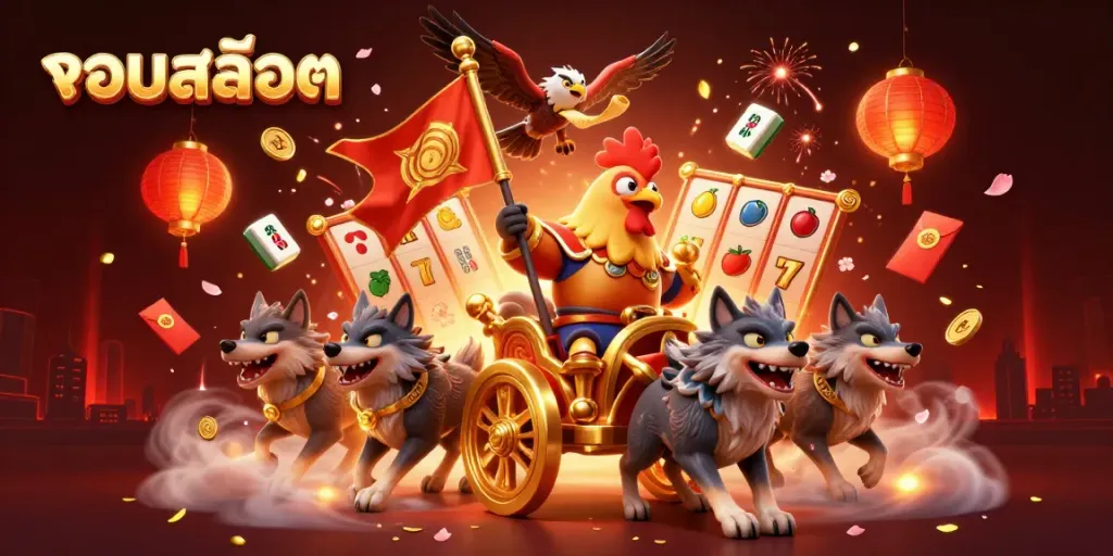 Experience excitement in รวมสล็อต with a 3D rooster warlord and dynamic casino elements in vibrant colors.