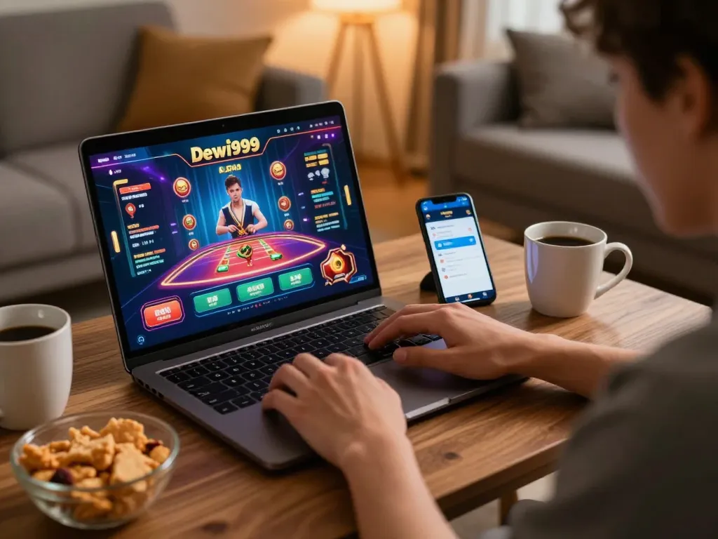 Dewi999 gamer menikmati permainan kasino online yang mendebarkan dari pengaturan ruang tamu yang nyaman.