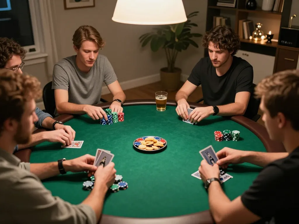 Pemain Aman788 terlibat dalam malam permainan poker strategis di rumah, menampilkan chip dan kartu yang sedang dimainkan.