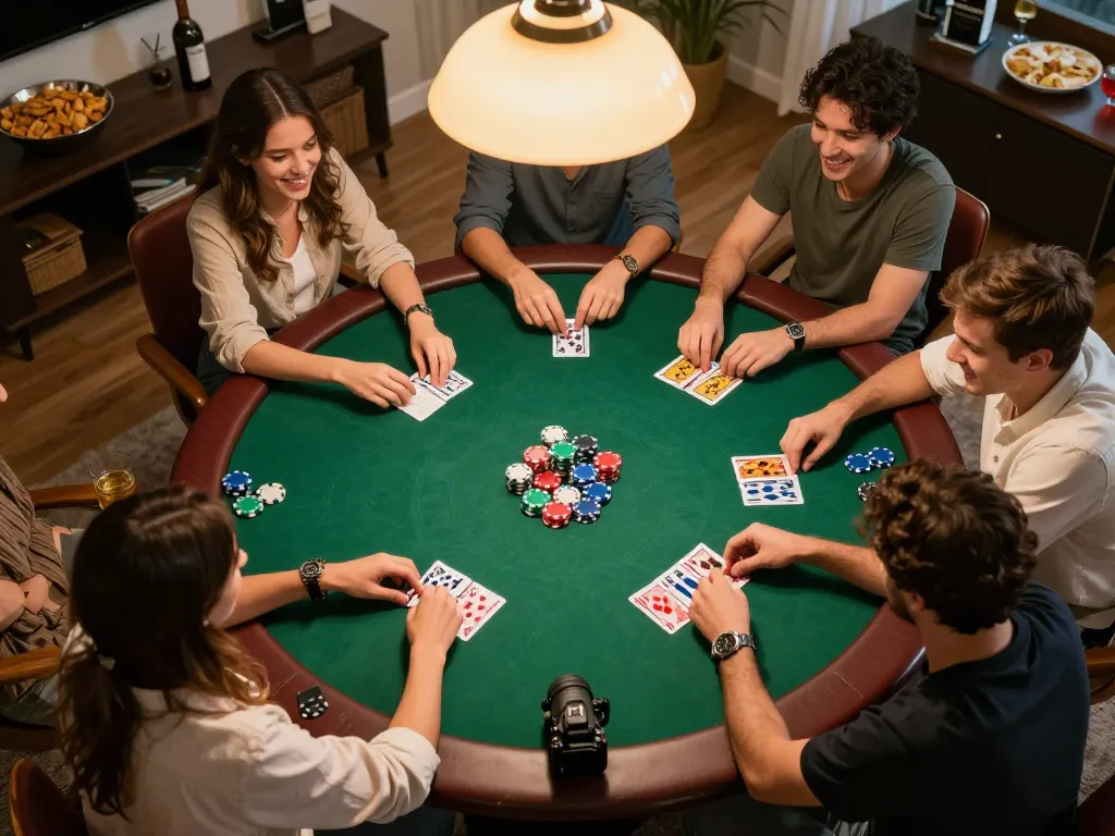 MM88 poker game at home with friends showcasing vibrant chips and cards in a lively atmosphere.