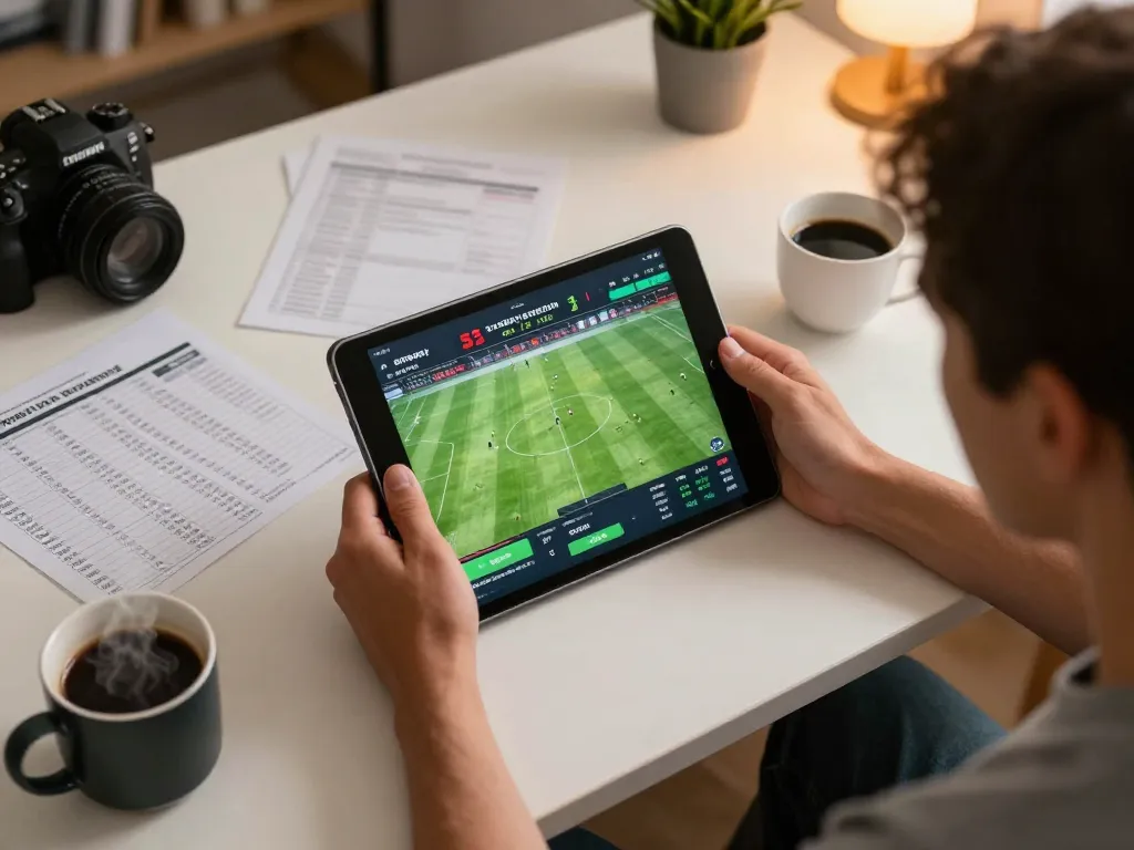 Cách đọc kèo bóng đá chuẩn while placing sports bets on a tablet in a cozy home office.
