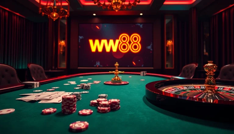 Experience excitement at ww88 with an elegant casino table and vibrant gaming elements.