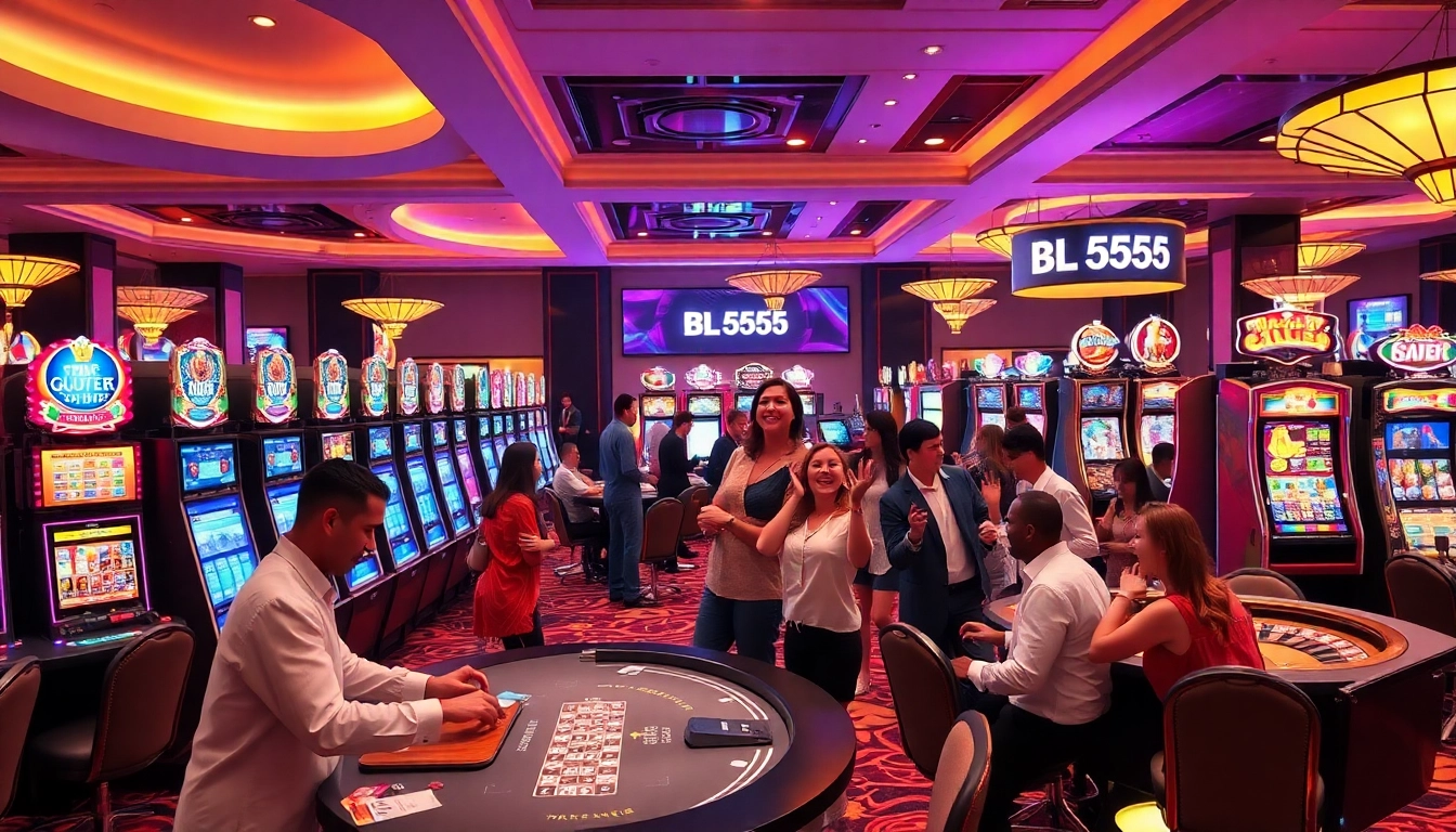 Gambling excitement at BL555 with vibrant slot machines and professional dealers.