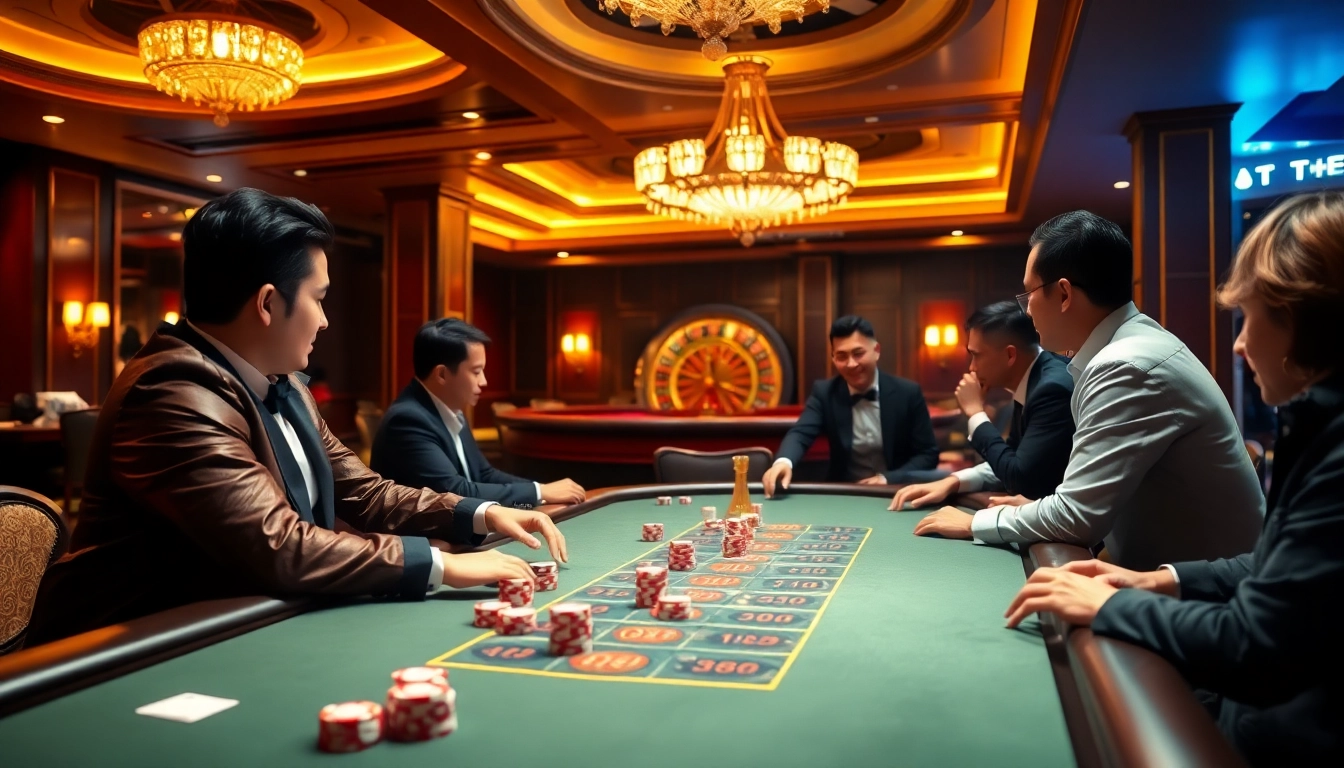 Engaging casino scene showcasing tỷ lệ kèo betting odds at a luxurious poker table.
