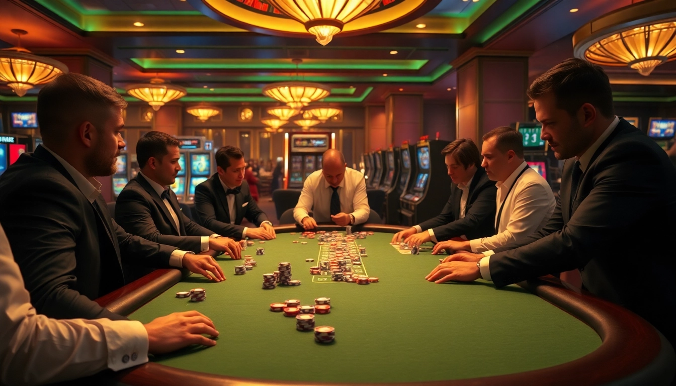 MMOO casino scene with vibrant poker table, excited players, and spinning roulette wheel.