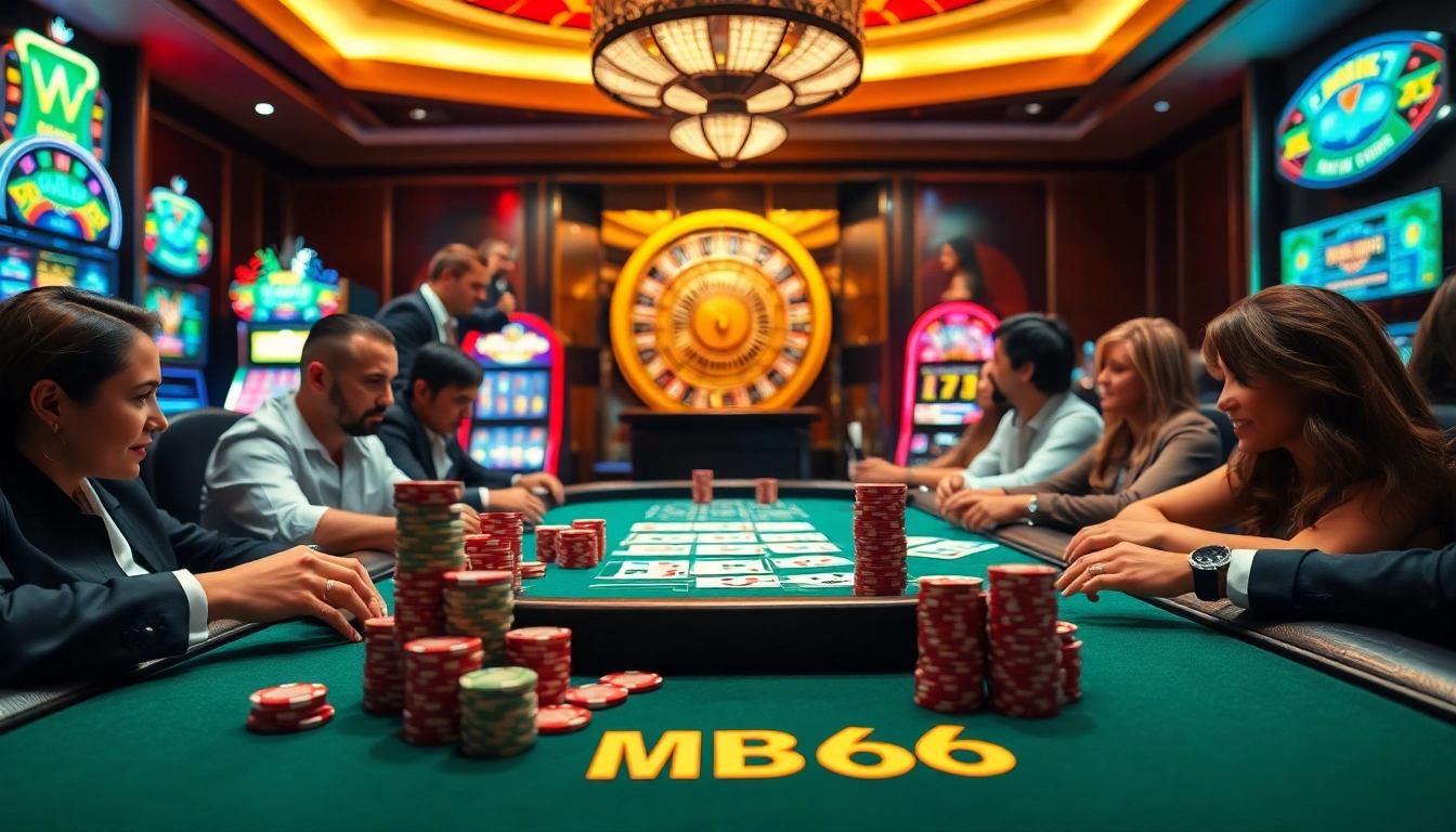 Play at MB66 casino featuring an exciting poker table with chips and high-stakes action.