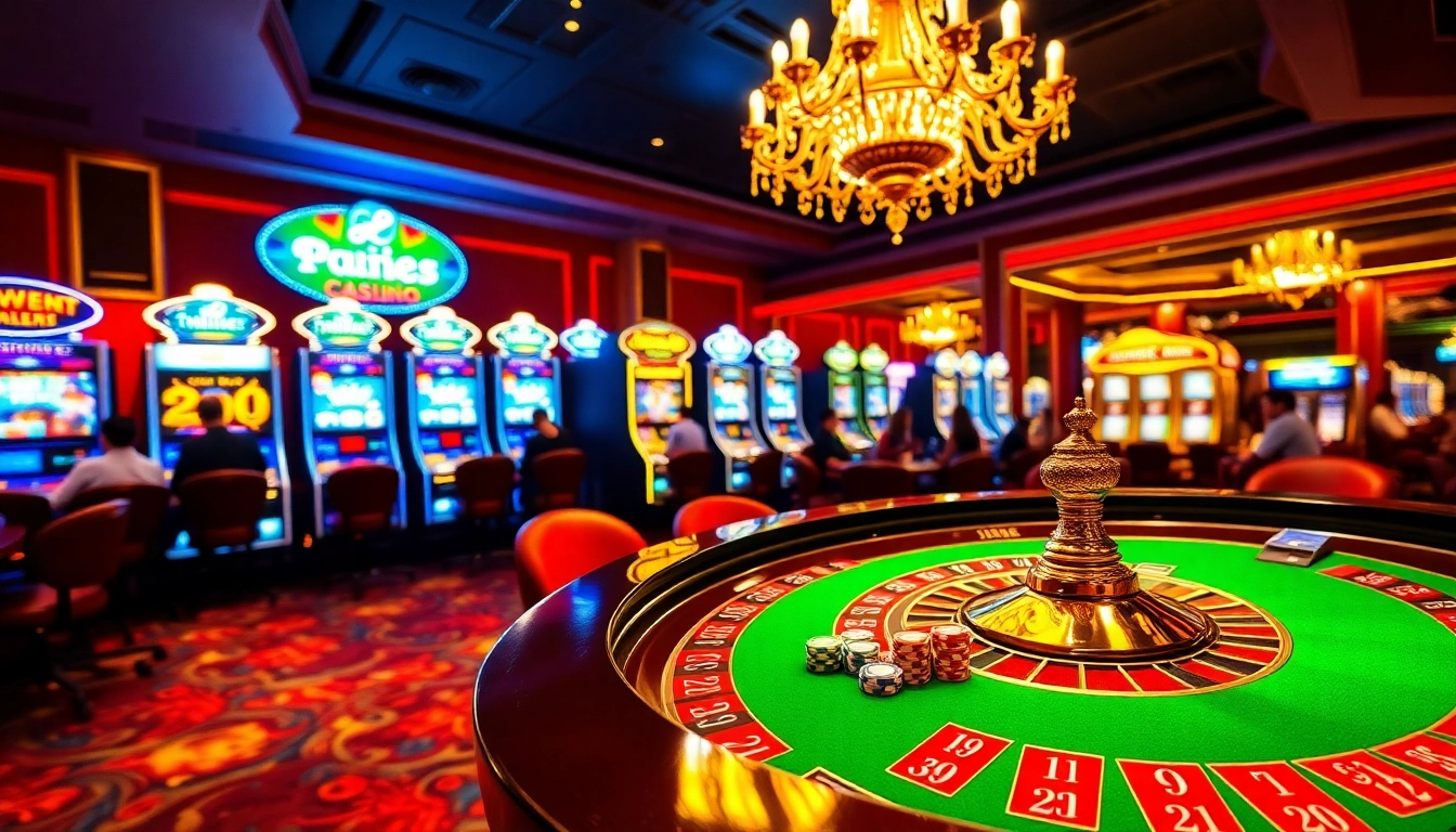 Engaging casino scene showcasing j88-themed roulette and vibrant slot machines.