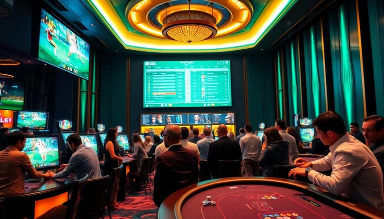 Engaging bettors enjoying แทงบอล at a premium sports betting area with live football displays.