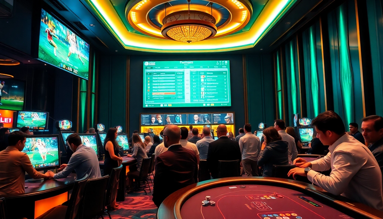 Engaging bettors enjoying แทงบอล at a premium sports betting area with live football displays.