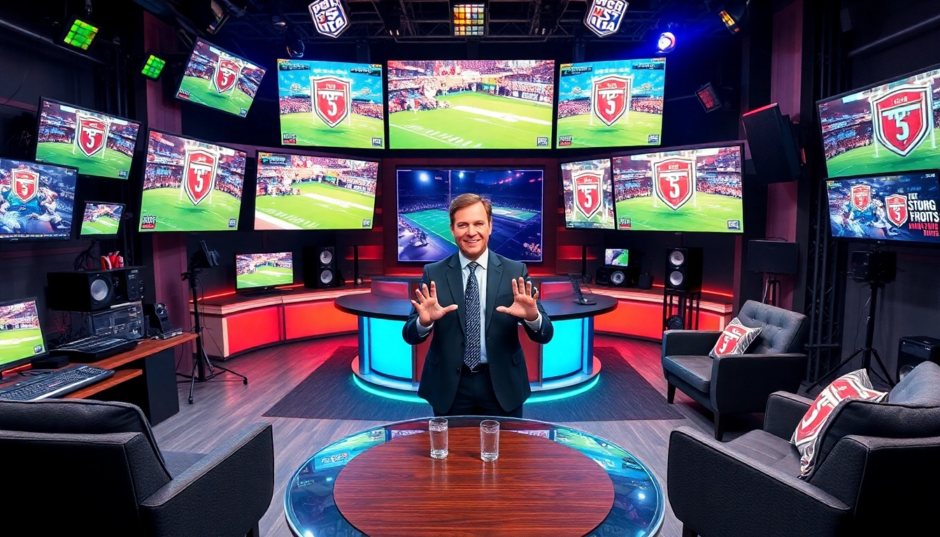 Engaging sports broadcasting setup showcasing a host, vibrant screens, and dynamic atmosphere.