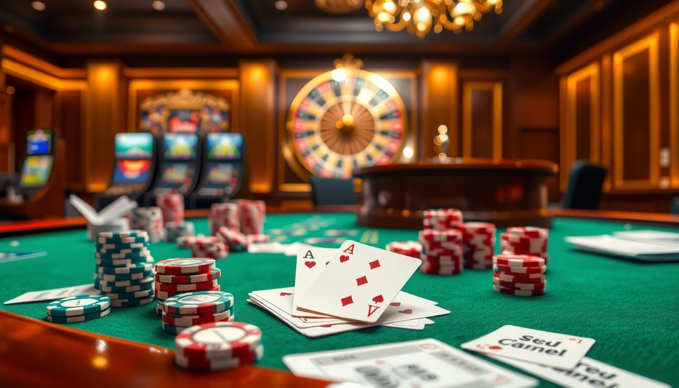 Players engaging in a thrilling poker game at NHÀ CÁI B8, surrounded by luxurious casino elements.