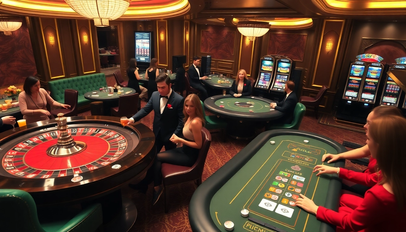 Hitclub players enjoying a thrilling game at a luxurious casino, featuring roulette and poker.