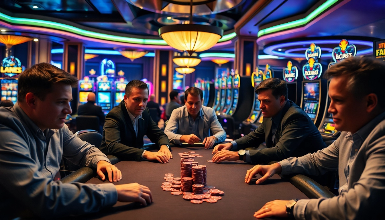 在優塔娛樂城中，玩家全神貫注於激烈的撲克對局，賭桌與五光十色的老虎機交相輝映。