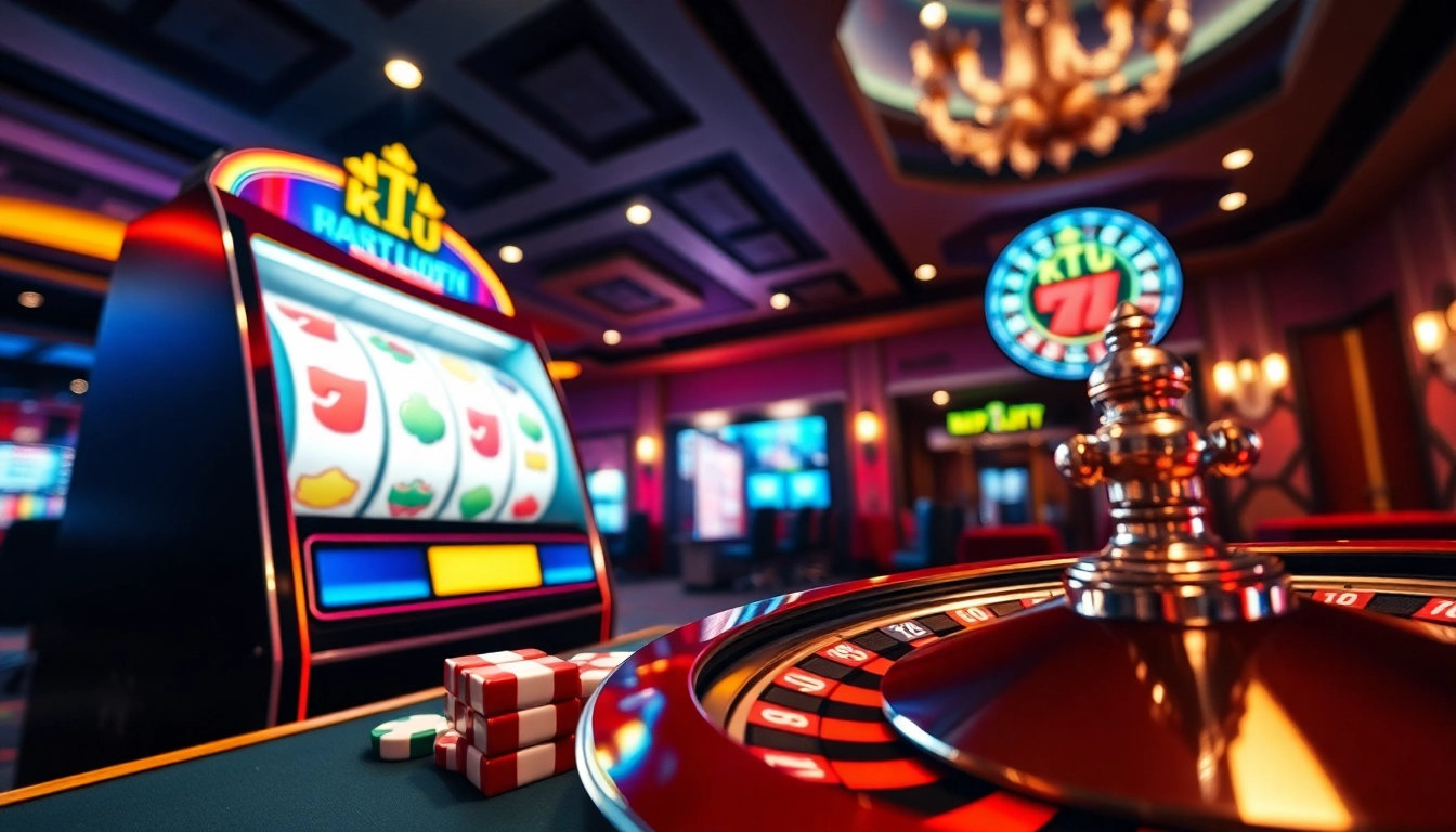 Capture the thrill of winning at KTP Jitu with an exciting casino scene featuring slot machines and poker chips.