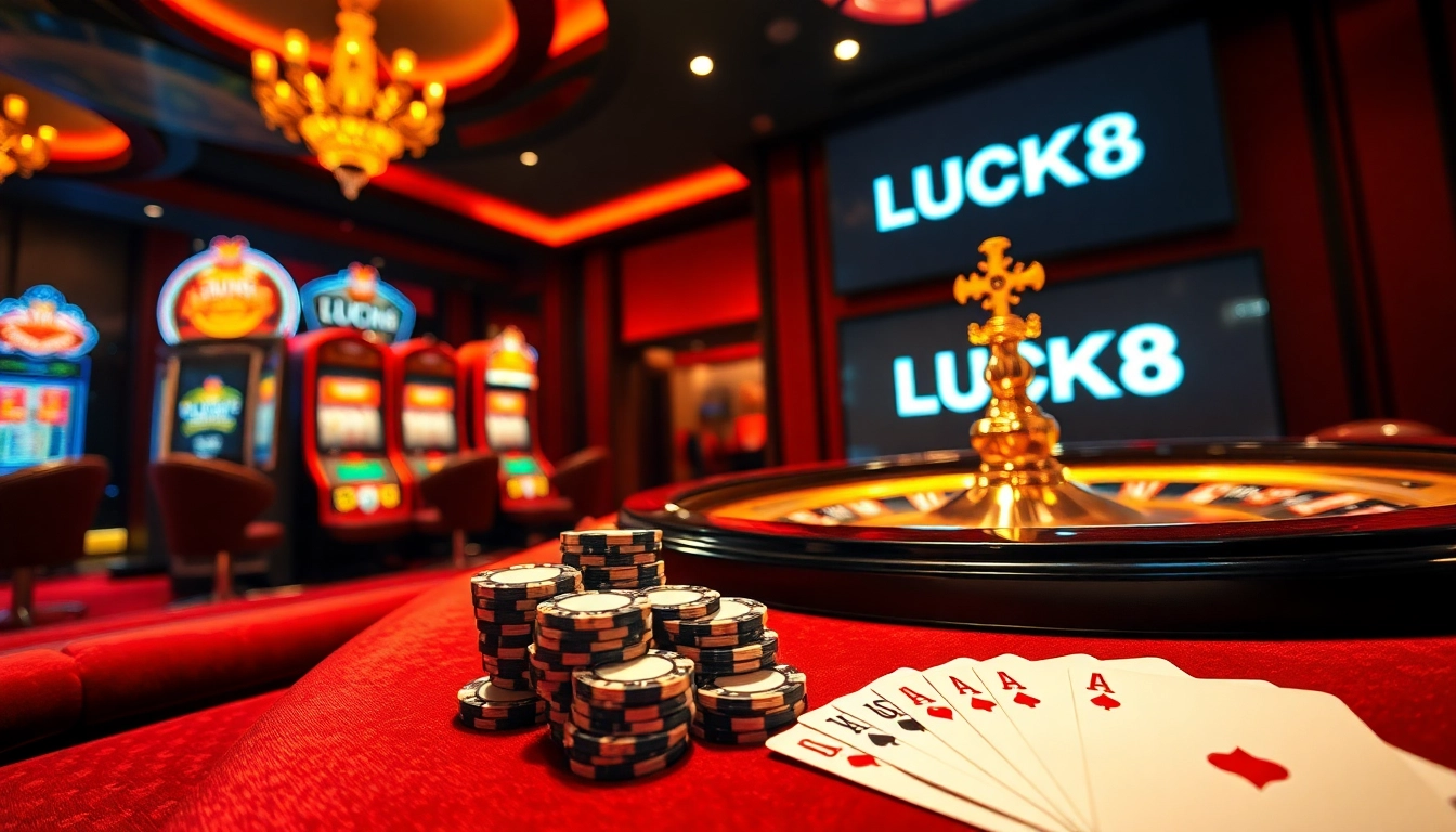 Experience the excitement of LUCK8 with vibrant casino visuals showcasing roulette and slot machines.