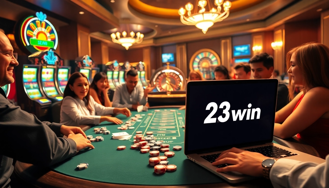 Players at a lively poker table engage in a thrilling game featuring the 23 win logo.