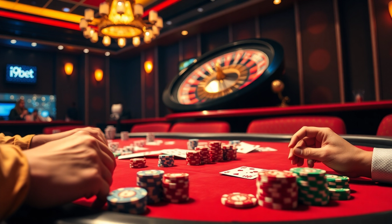 Experience high-stakes action at i9bet's vibrant poker table with colorful chips and cards.