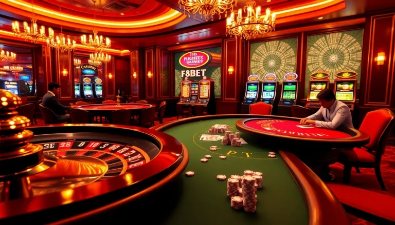 Experience high-stakes gaming at F8BET with poker chips and roulette wheels in a luxurious casino setting.