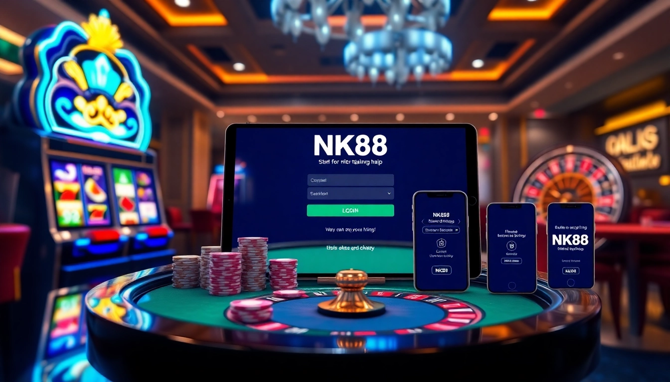 Secure NK88 đăng nhập interface displaying dynamic poker chips and slot machines for premium betting