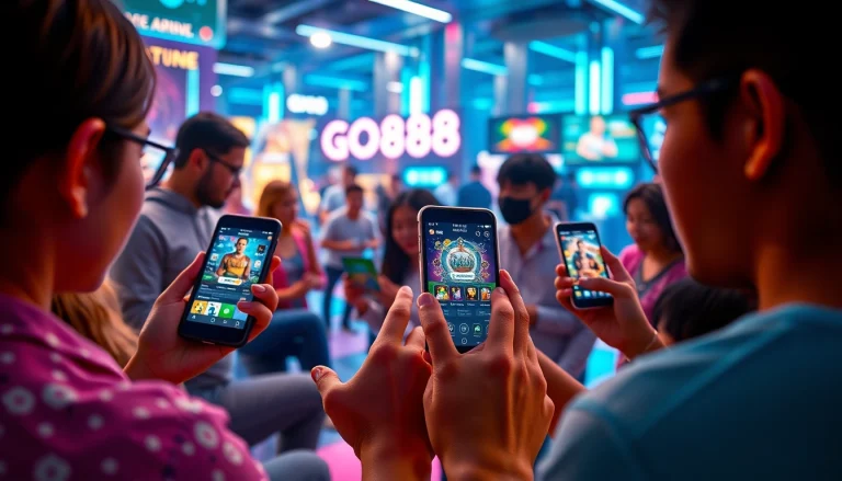 Tải GO88 app on mobile devices showcases diverse gamers enjoying a vibrant gaming interface.