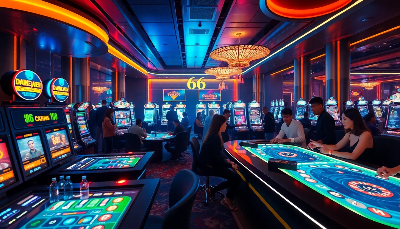 66 club vibrant online gaming atmosphere with modern casino elements and engaging players.