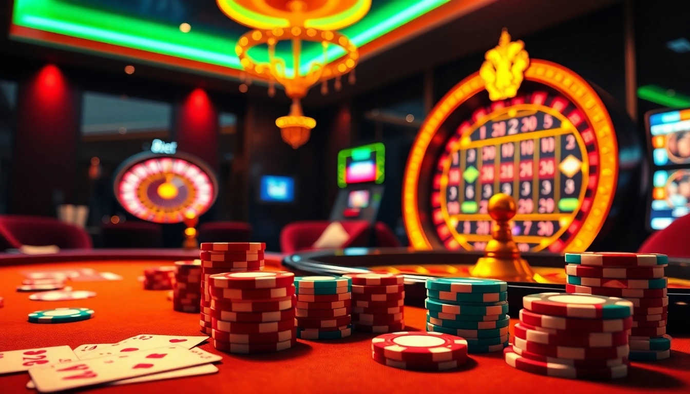 8kbet casino table featuring poker chips and a glowing roulette wheel in a luxurious setting.