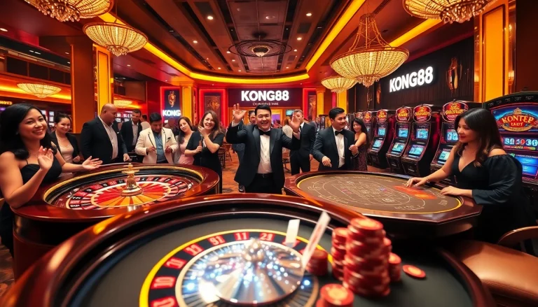 Gamblers enjoying the excitement of KONG88 at a casino table, featuring vibrant cards and chips.