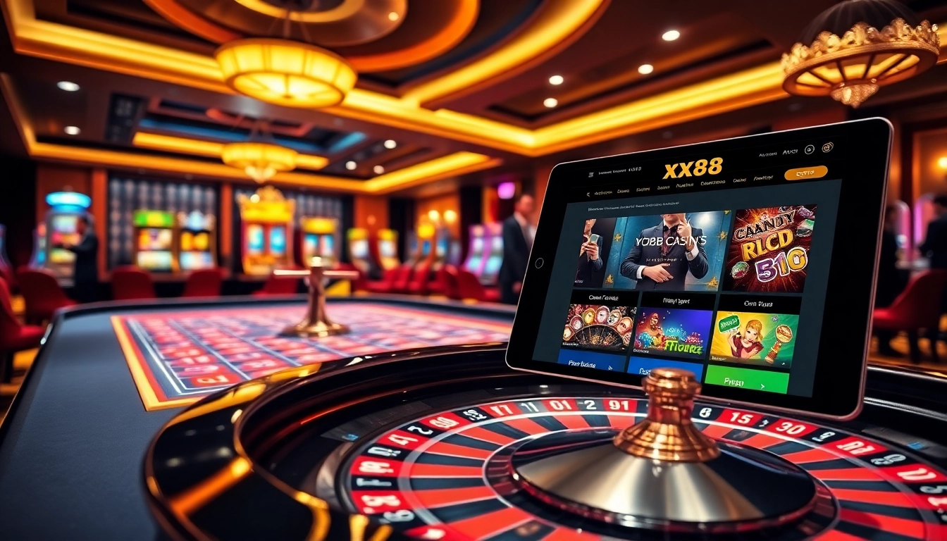 Experience the excitement of gaming at https://xx88.contractors/ with a vibrant online casino scene showcasing roulette and slot machines.