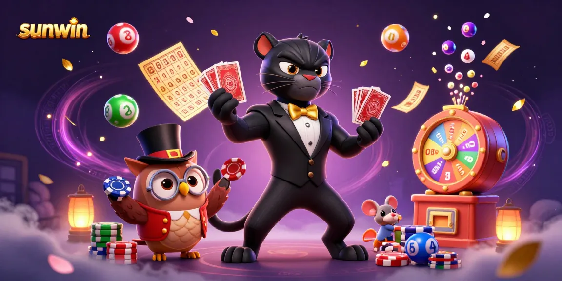 Experience thrilling games at sunwin with a stylish black panther dealer amidst colorful casino elements.